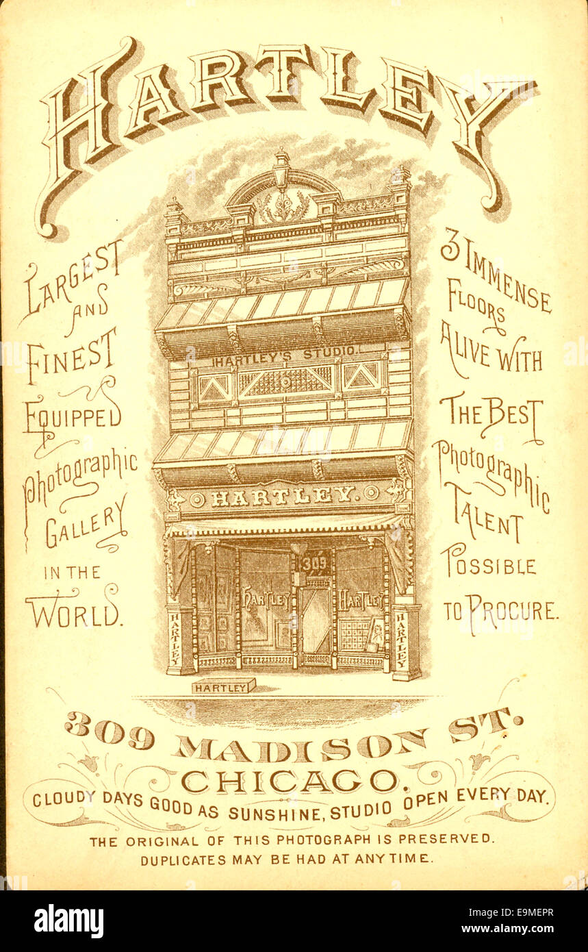 Kabinett Foto Rückwerbung Hartley Photographic Gallery, 309 Madison Street, Chicago, USA um 1885 Stockfoto