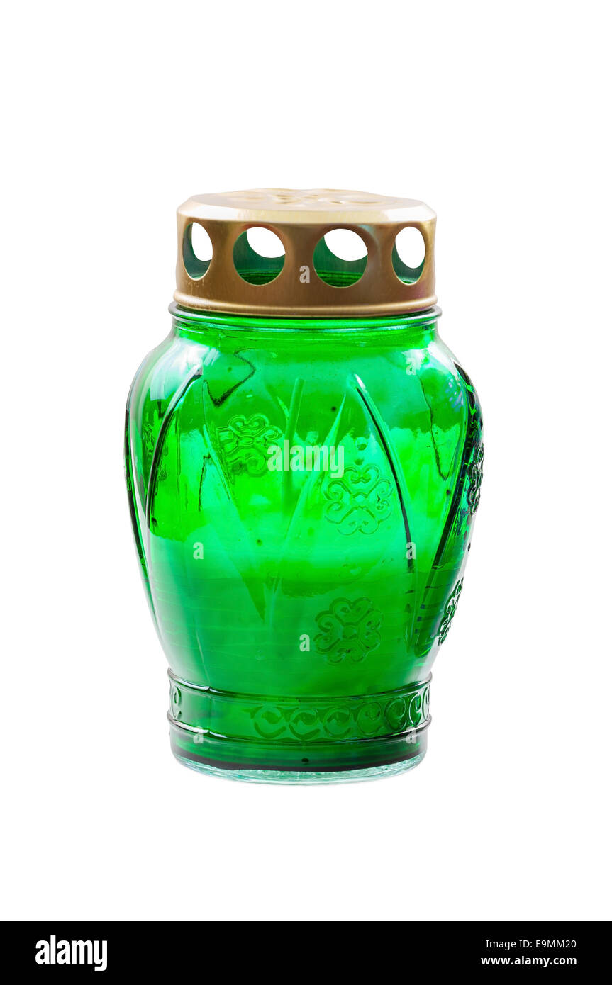 Grün votive Kerze isoliert auf weißem Hintergrund mit Beschneidungspfad Stockfoto