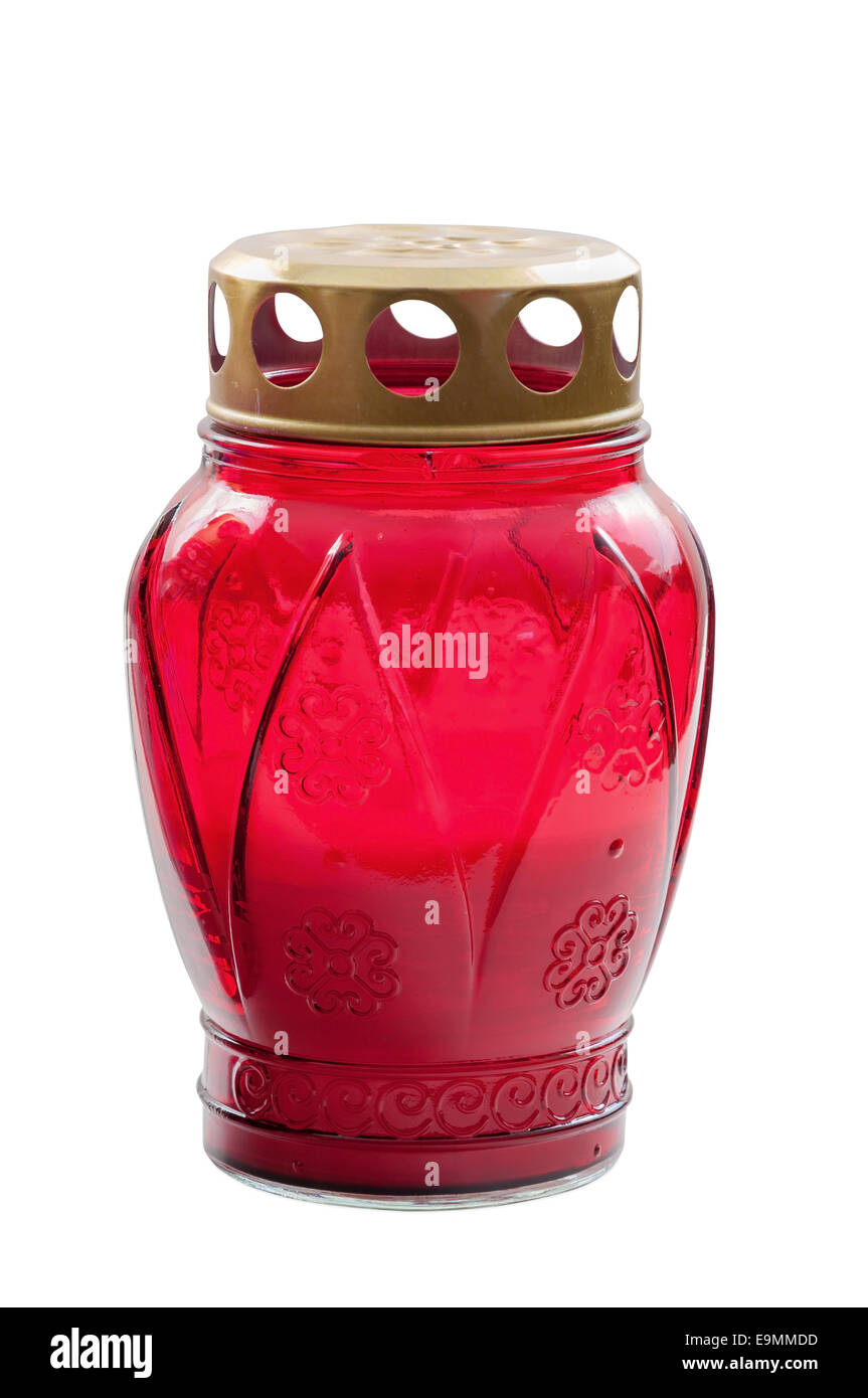 Roten votive Kerze isoliert auf weißem Hintergrund mit Beschneidungspfad Stockfoto