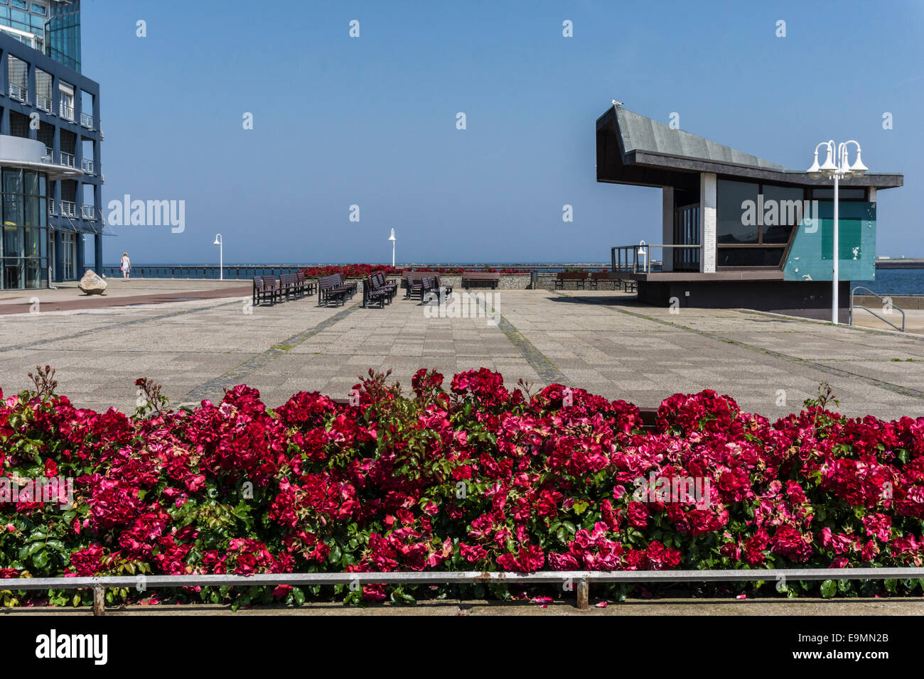 Open-Air-Tribüne vor der Stadt von Helgoland Deutschland im Hafengebiet im Sommer mit rote Blume Betten entspannte Atmosphäre Stockfoto