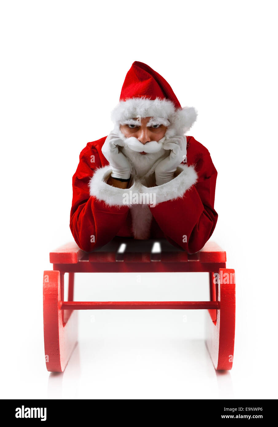 Christmas Schlitten mit Weihnachtsmann auf weißem Hintergrund. Stockfoto