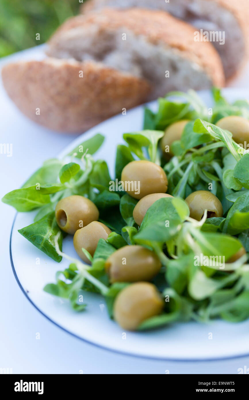 Olive-Salat mit Feldsalat und hausgemachtes Brot. Stockfoto