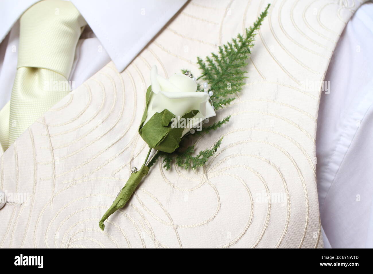 Des Bräutigams Knopfloch weiße Blume gegen eine gemusterte Weste und intelligente Krawatte für eine Hochzeit Stockfoto