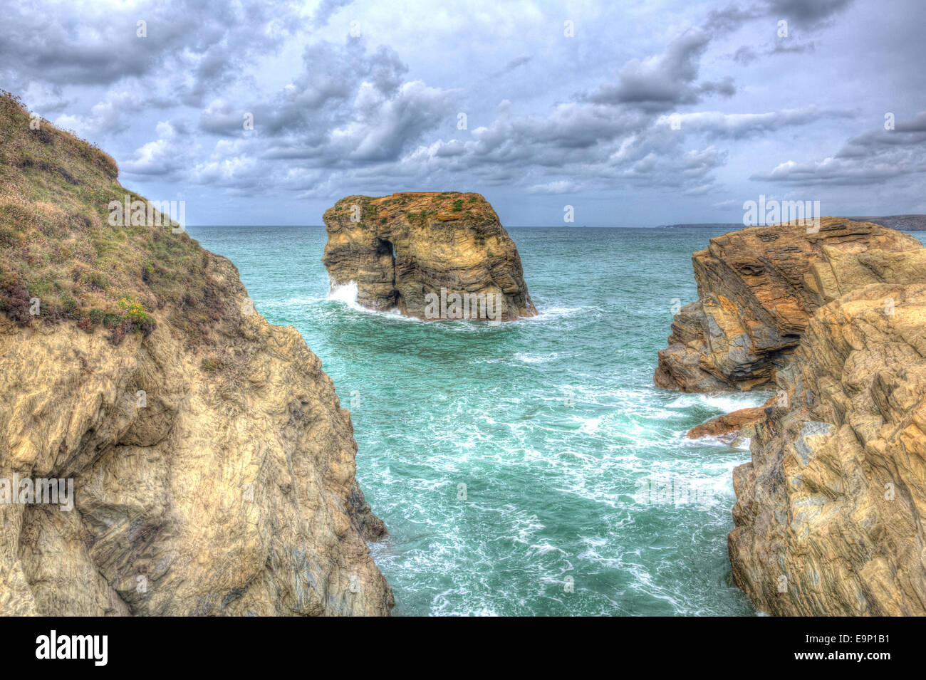 Dollar rock Trevelgue Head in der Nähe von Porth Strand Newquay Cornwall England UK Stockfoto