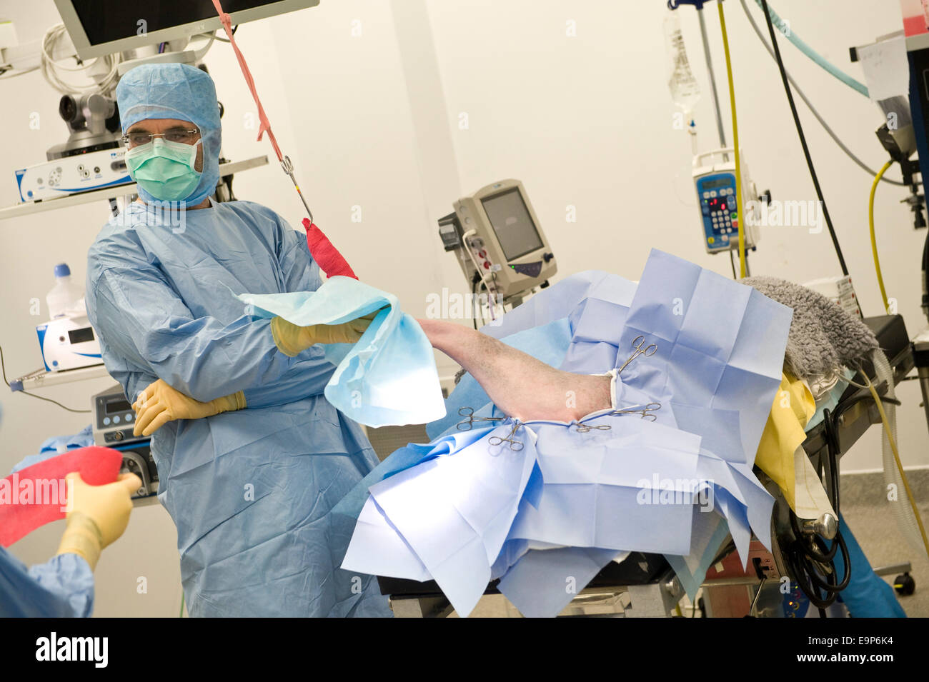 Noel Fitzpatrick fügt Metall Implantat in Hunde Hinterbein in seiner State-Of-The-Art OP-Saal in Godalming Surrey uk Stockfoto