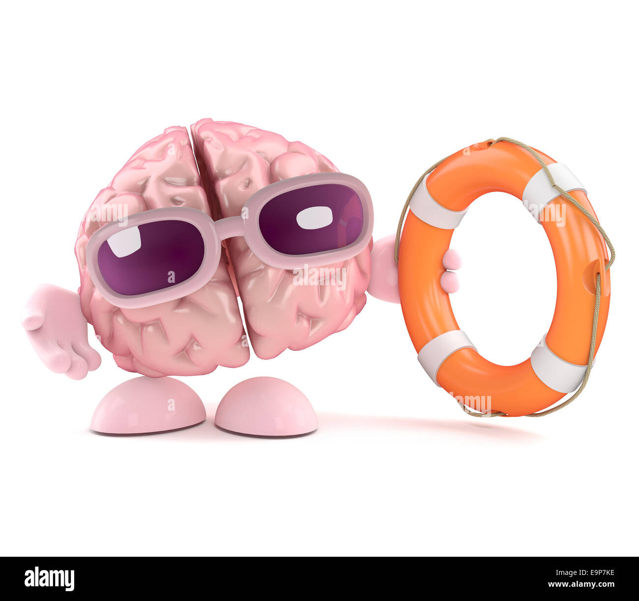 3D Rendering einer Gehirn-Figur hält ein Lebensretter Stockfoto