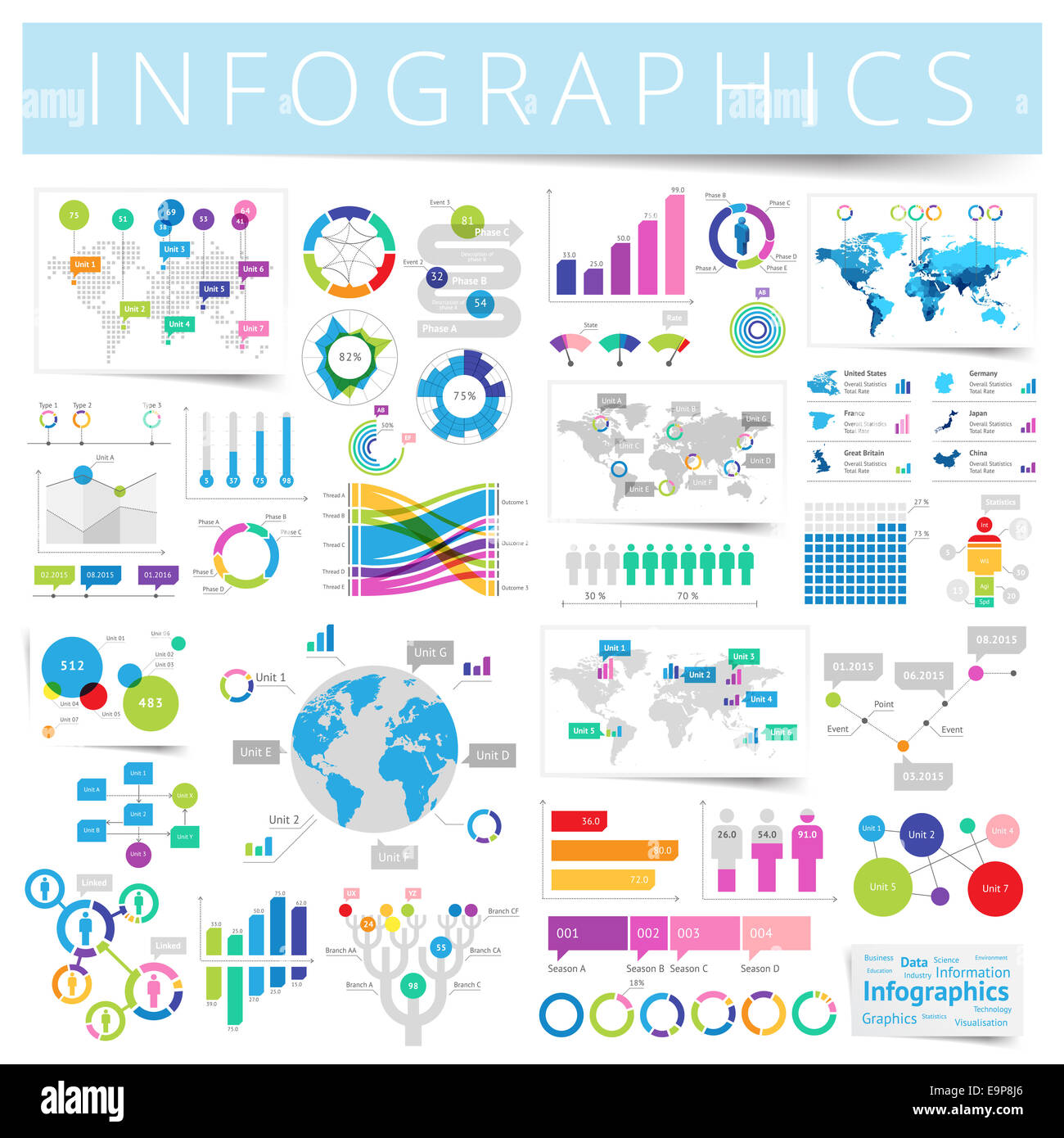 Infografiken mit Daten Symbole, Karte Weltcharts und Design-Elemente. Stockfoto