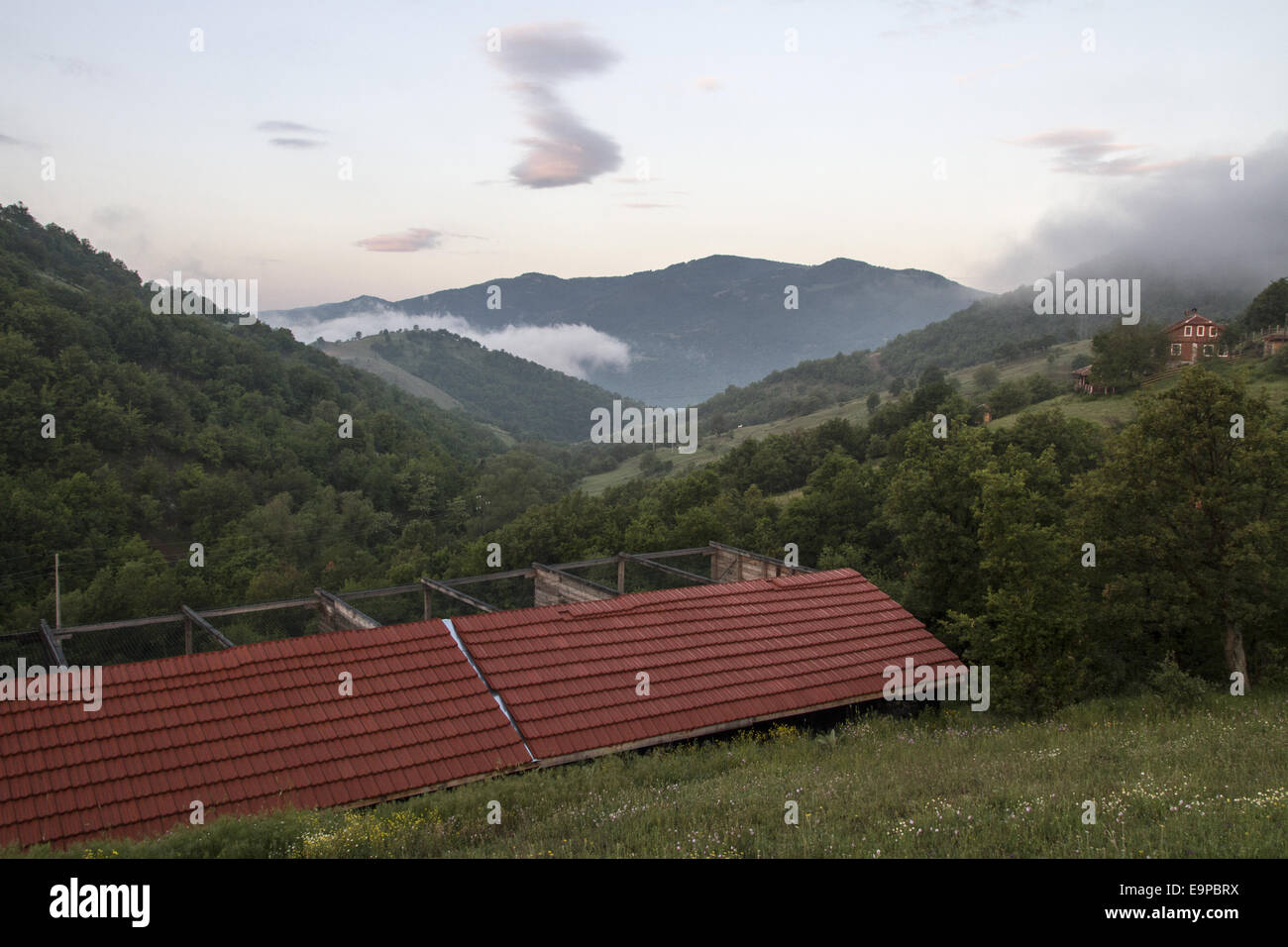 Der Geier release Stifte am Rakitna in der Nähe von Kresna-Schlucht, Bulgarien mit Vila Fauna auf der rechten Seite. Stockfoto