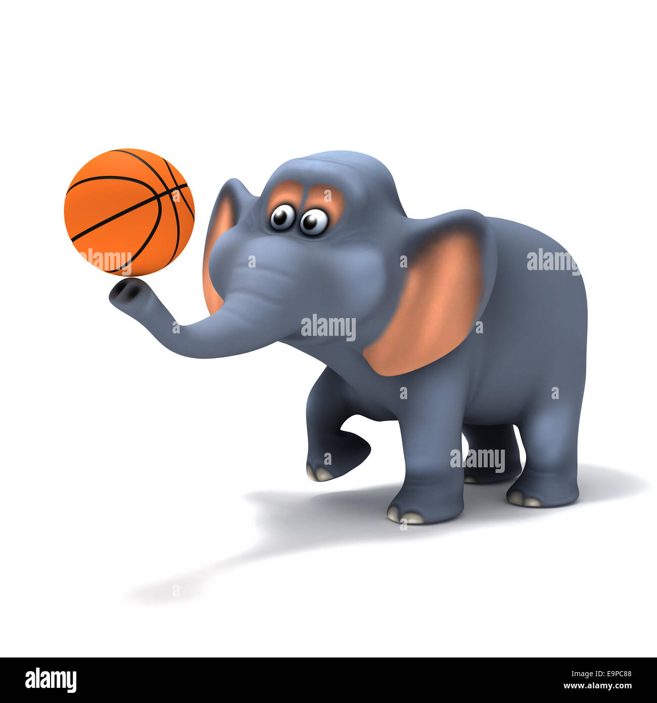 3D Rendering eines Cartoon-Elefanten mit einem Basketball spielen Stockfoto