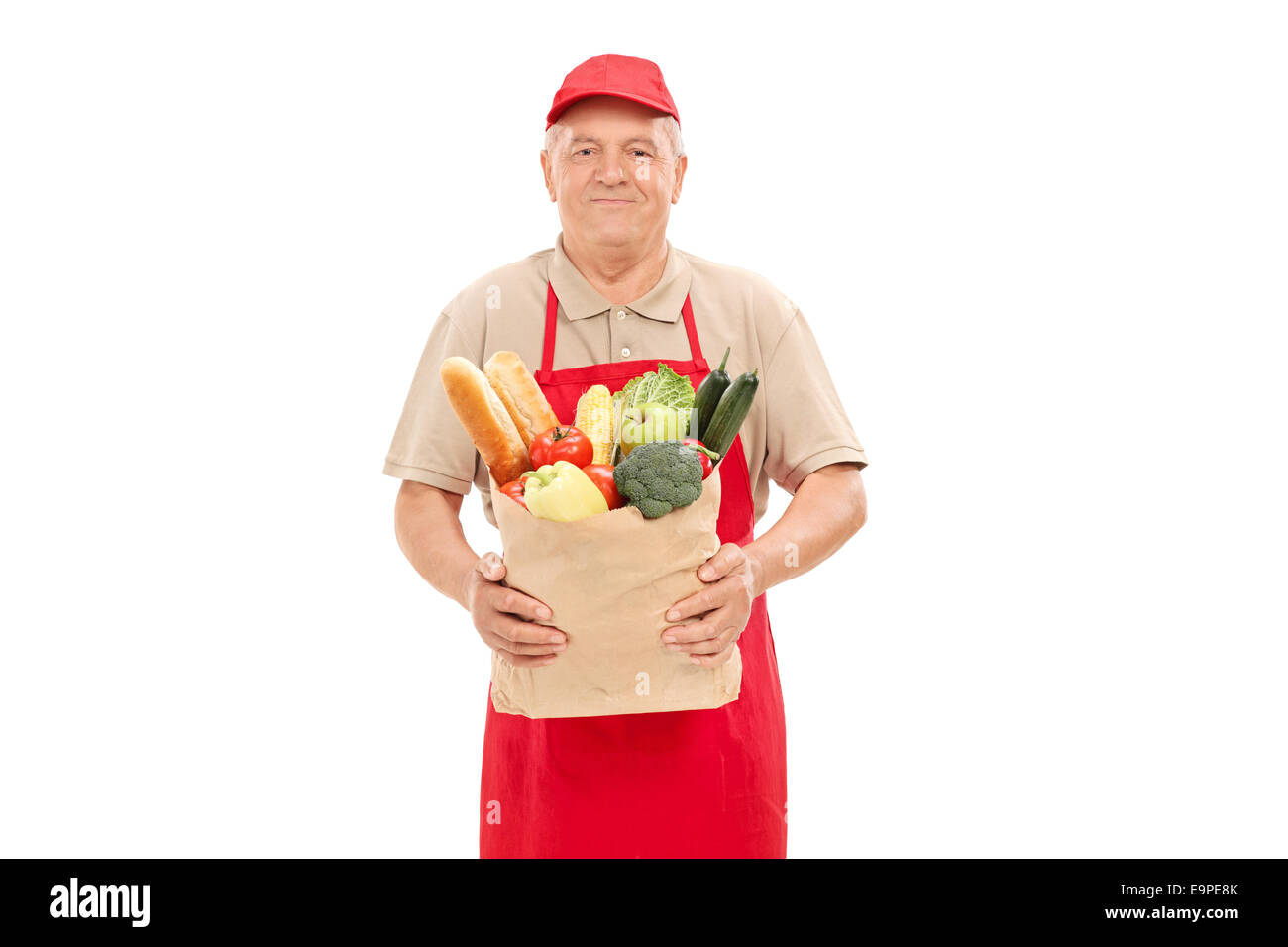 Reifen Markt Anbieter halten ein Lebensmittelgeschäft Tasche isolierten auf weißen Hintergrund Stockfoto