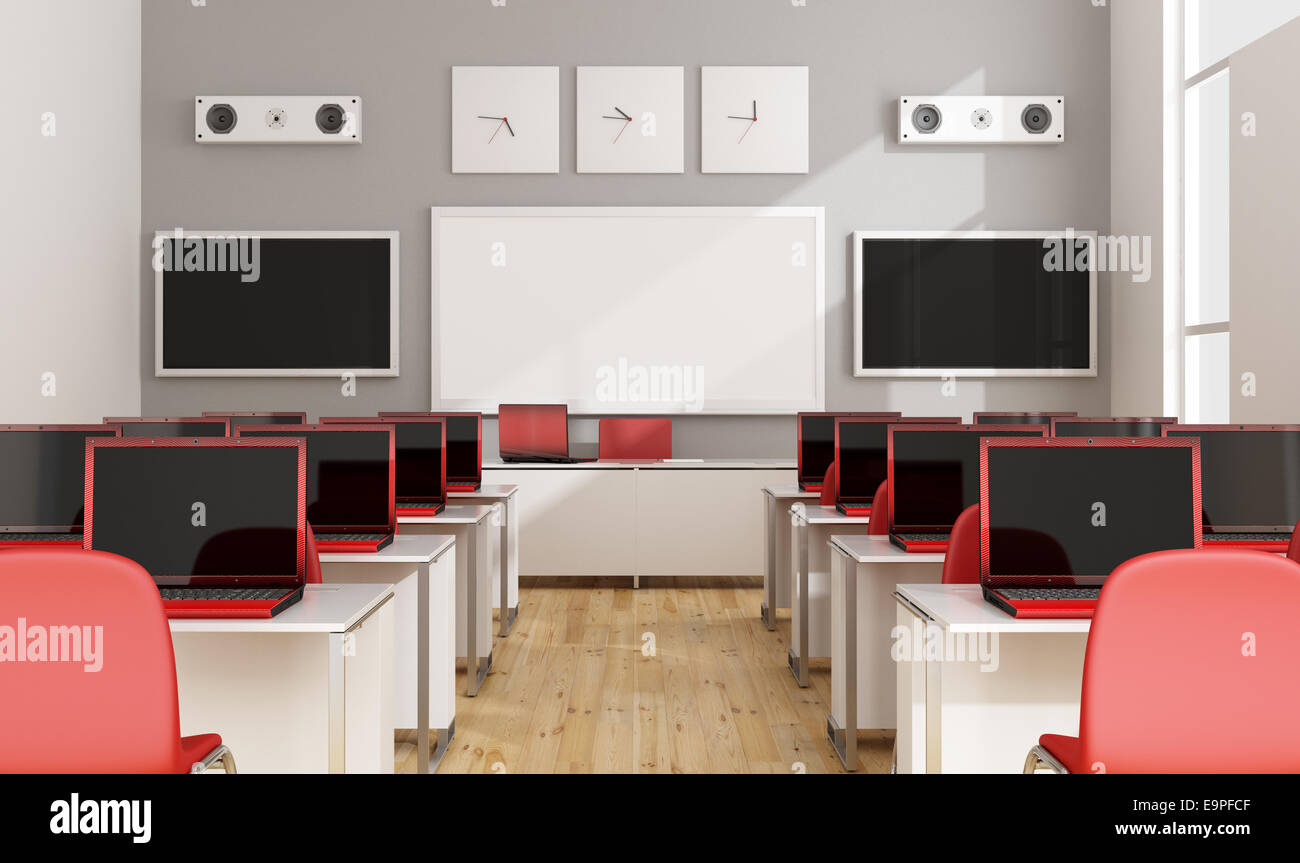 Multimedia-Klassenzimmer mit roten Laptop, Bildschirm, Whiteboard und Lautsprecher - 3D Rendering Stockfoto