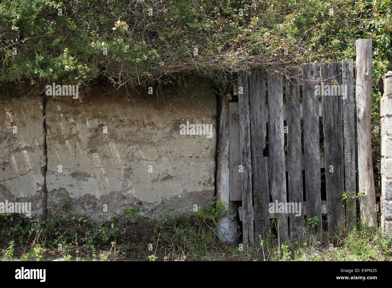 Eine hölzerne Tor in einer Adobe-Wand neben einer Eigenschaft in Cotacachi, Ecuador Stockfoto