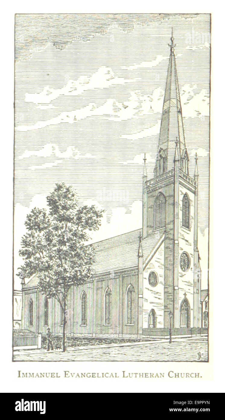 Dieser Entwurf von Farmer aus dem Jahr 1884 zeigt die Evangelisch-Lutherische Kirche Immanuel in Detroit, die Ende des 19. Jahrhunderts erbaut wurde. Das Bild zeigt den architektonischen Stil der Kirche und die Details ihres Äußeren, was die religiöse und kulturelle Bedeutung in Detroit zu dieser Zeit widerspiegelt. Stockfoto