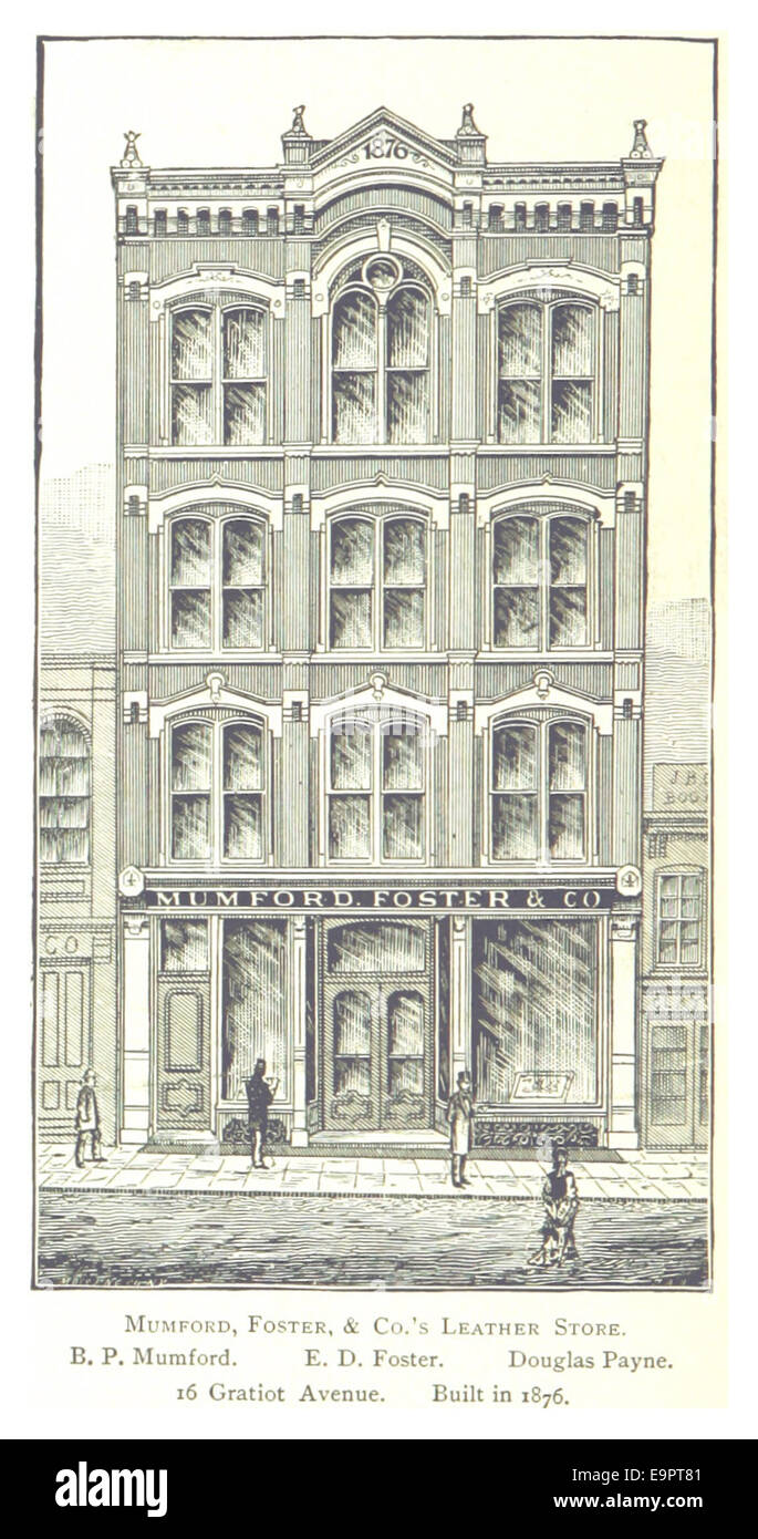 Farmer(1884) Detroit, p830 MUMFORD, FOSTER, & CO. LEDERGESCHÄFT. (B.P. MUMFORD. E.D. FOSTER. DOUGLAS PAYNE). 16 GRATIOT ALLEE. IM JAHRE 1876 GEBAUT Stockfoto