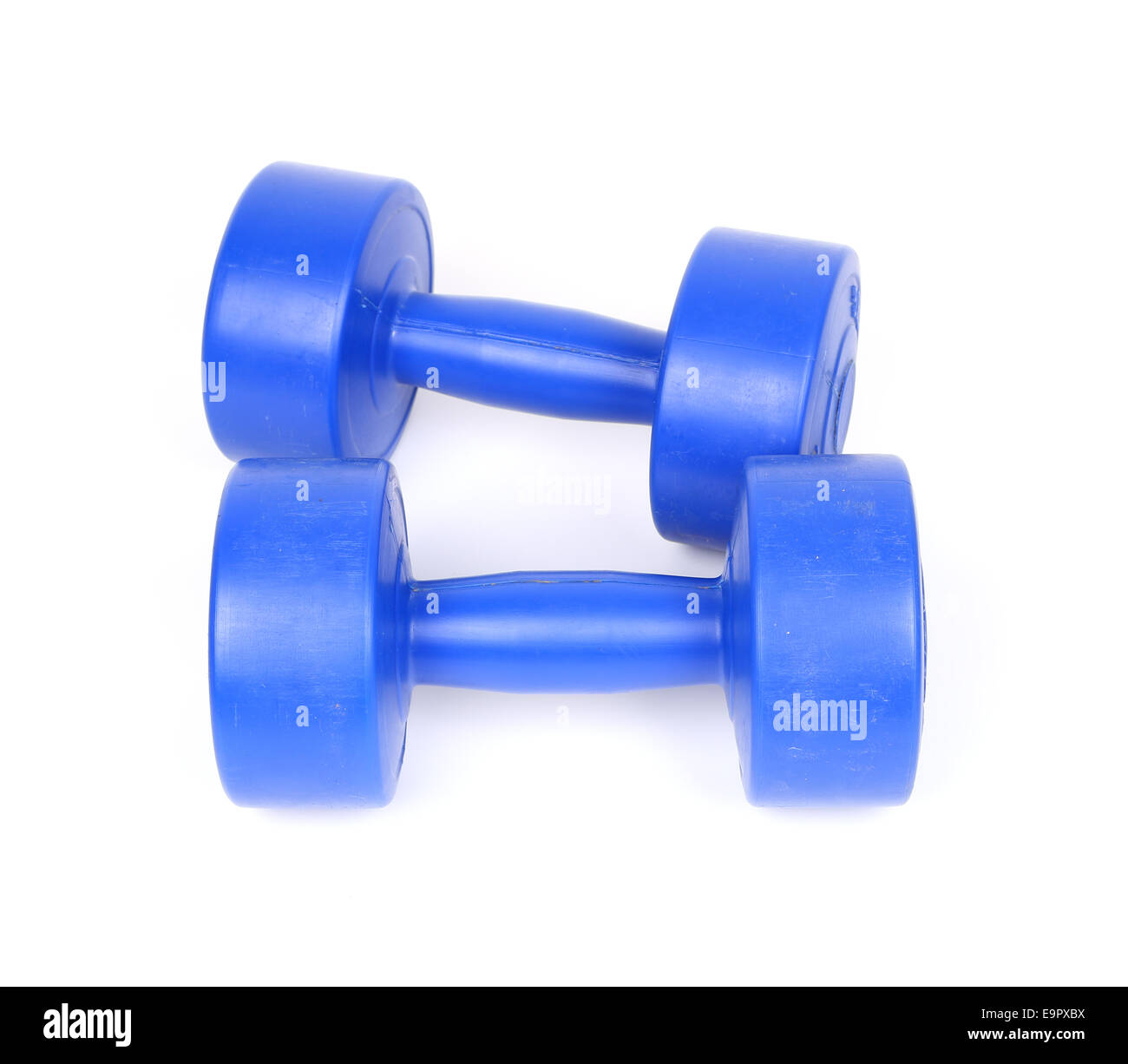 Hantel Fitness blau auf weißem Hintergrund Stockfoto