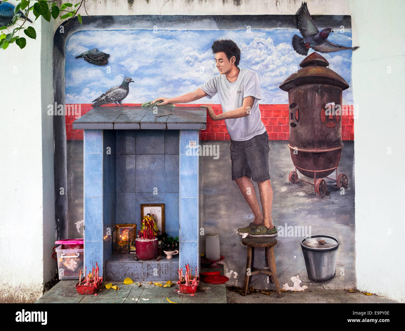 "Past, Present & Future" Straßenkunst Wandbild des lokalen Künstlers in Georgetown, Penang, Malaysia. Stockfoto