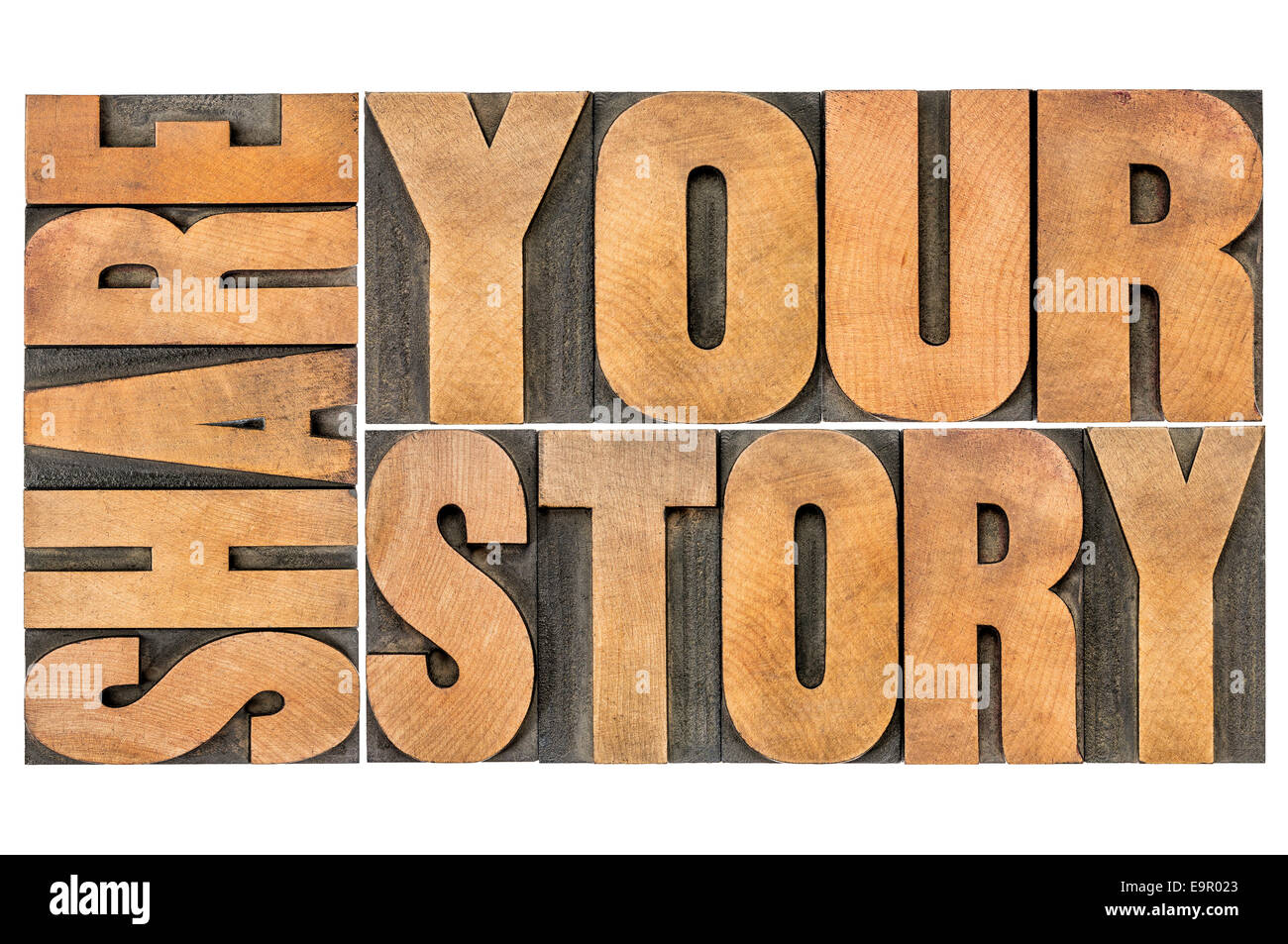 Teilen Sie Ihre Geschichte Wort Abstrakt - isolierten Text in Vintage Buchdruck Holzart Stockfoto