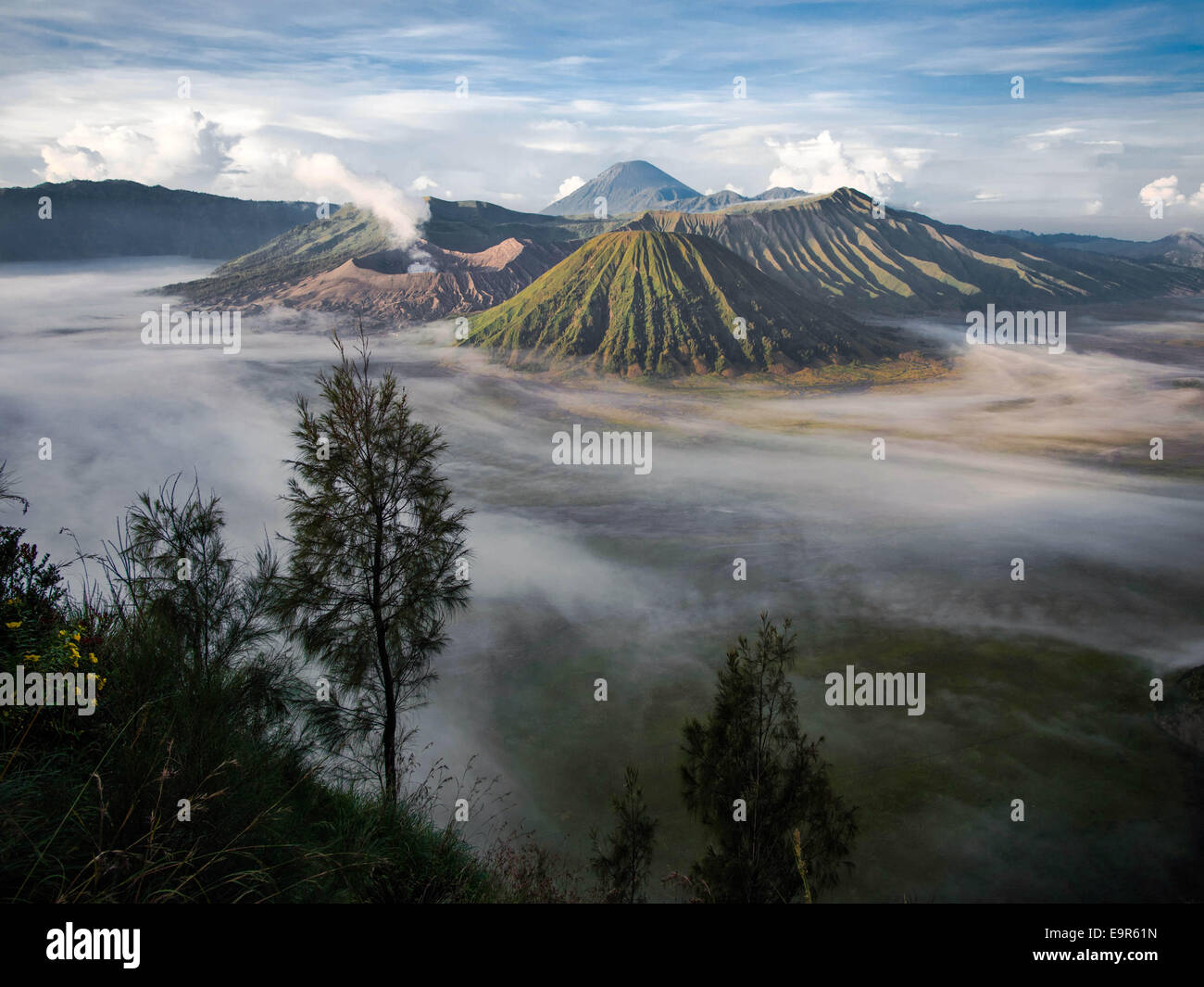 Mount Bromo, Gunung Semeru und Mount Batok, Zentral-Java, Indonesien. Stockfoto