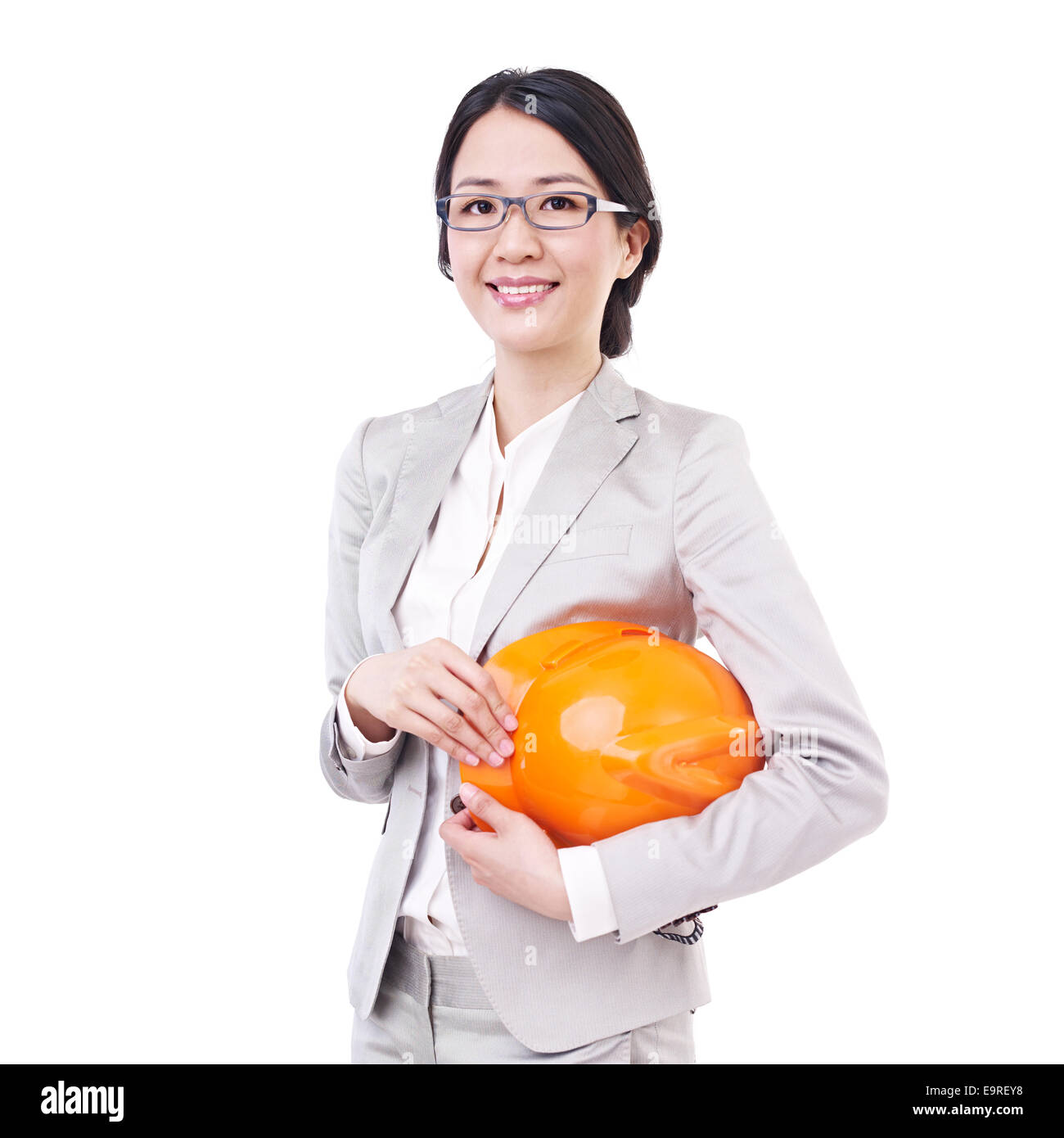 asiatische Geschäftsfrau mit Schutzhelm. Stockfoto