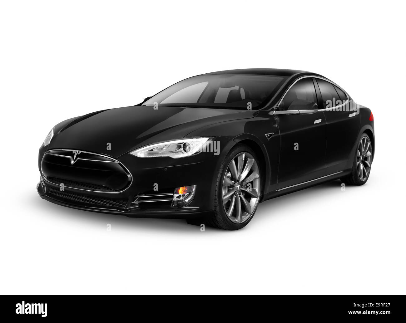 Führerschein und Ausdrucke bei MaximImages.com – Schwarz 2014 Tesla Model S Luxus-Elektroauto isoliert auf weißem Hintergrund mit Beschneidungspfad Stockfoto