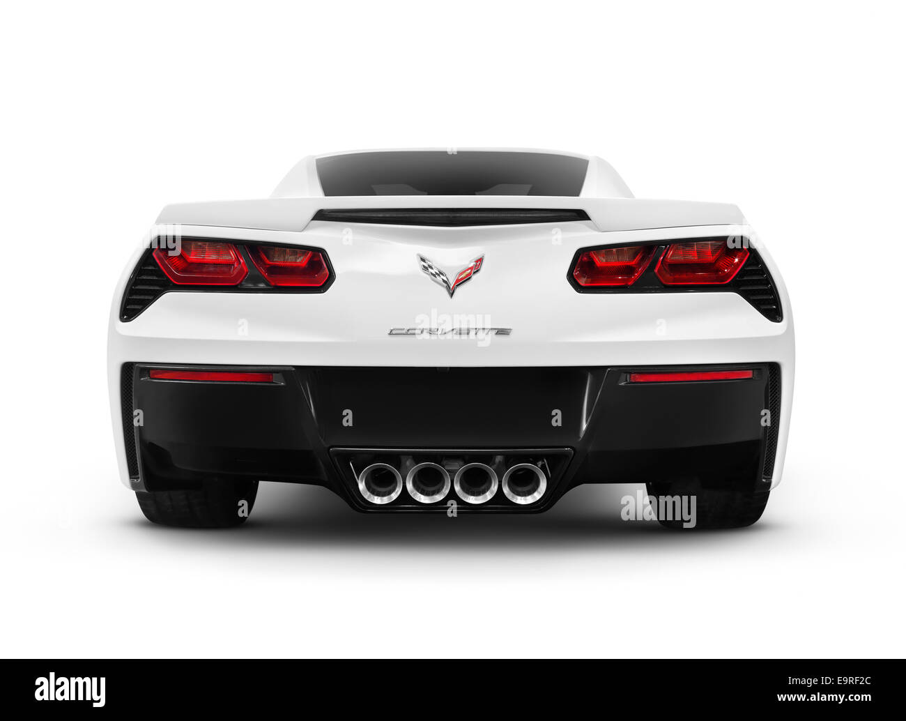 Führerschein und Drucke unter MaximImages.com - 2014 Chevrolet Corvette Stingray Sportwagen Rückansicht isoliert auf weißem Hintergrund mit Clipping-Pfad Stockfoto