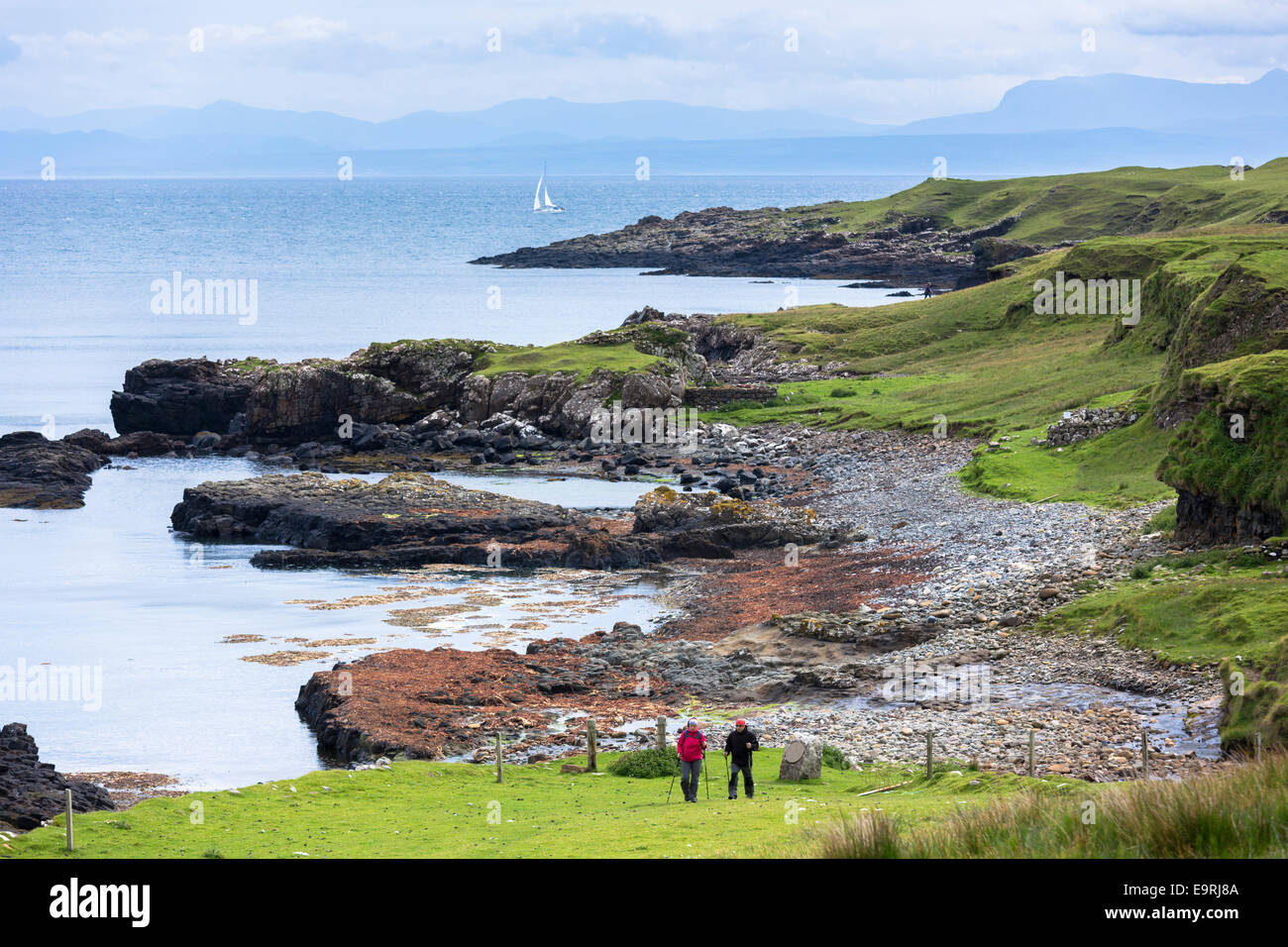 Touristen zu Fuß entlang der Küste bei Brothers Punkt - Rubha Nam Brathairean - Kieselstrand auf Isle Of Skye, der Western Isles von Stockfoto
