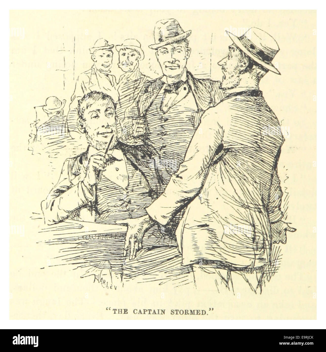 In diesem Auszug aus Mark Twains Werk von 1883 wird der Kapitän beschrieben, wie er in einem Moment des Konflikts oder der Spannung stürmt und das Wesen von Twains satirischem Stil und Erzählkunst festgehalten. Stockfoto