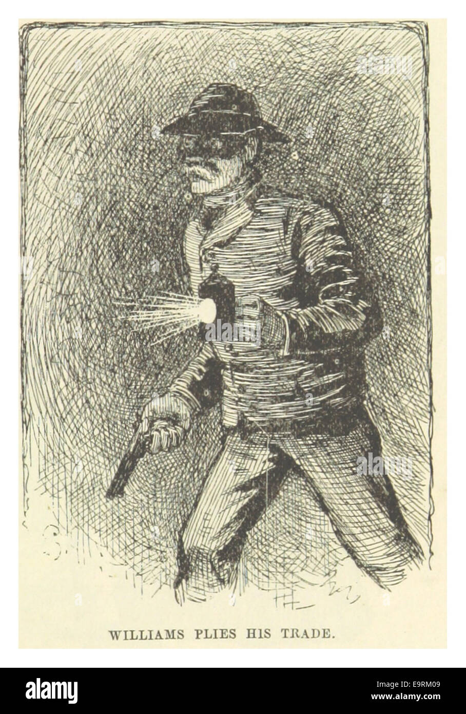 Eine Illustration aus Mark Twains Werk von 1883, die den Charakter W.D. Williams zeigt, der sein Handwerk pflügt und das humorvolle Wesen von Twains Schrift und Charakterentwicklung einfängt. Stockfoto