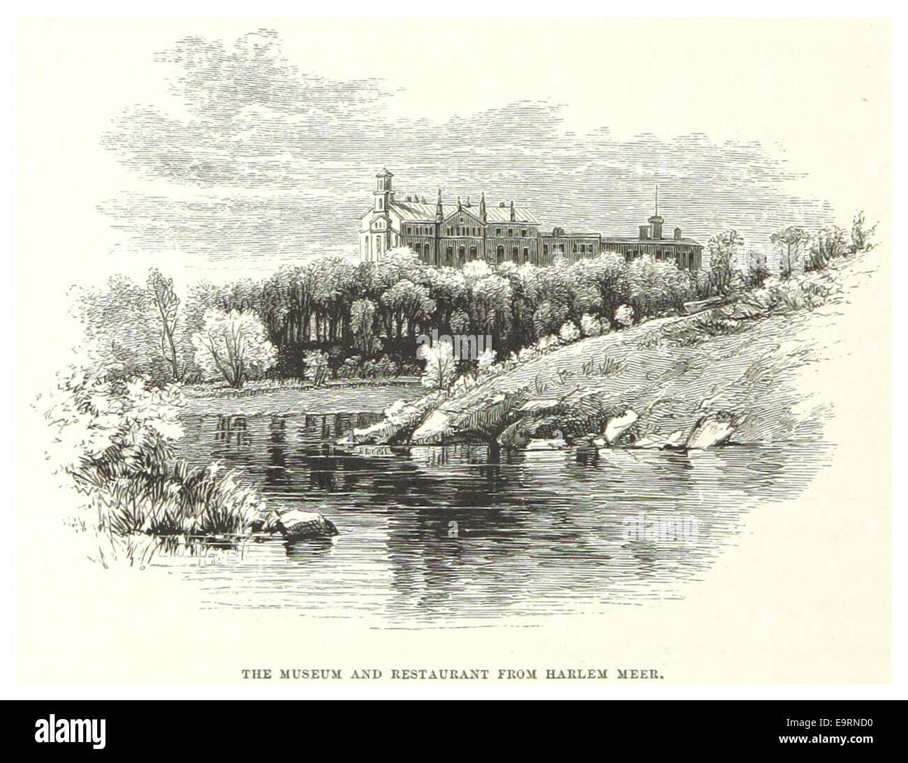 Diese Abbildung aus dem Jahr 1869 zeigt ein Museum und Restaurant in der Nähe von Harlem Meer im Central Park von New York City. Es unterstreicht den architektonischen Stil des Gebäudes und seine Funktion als öffentlicher Raum für Erholung und Kultur. Stockfoto