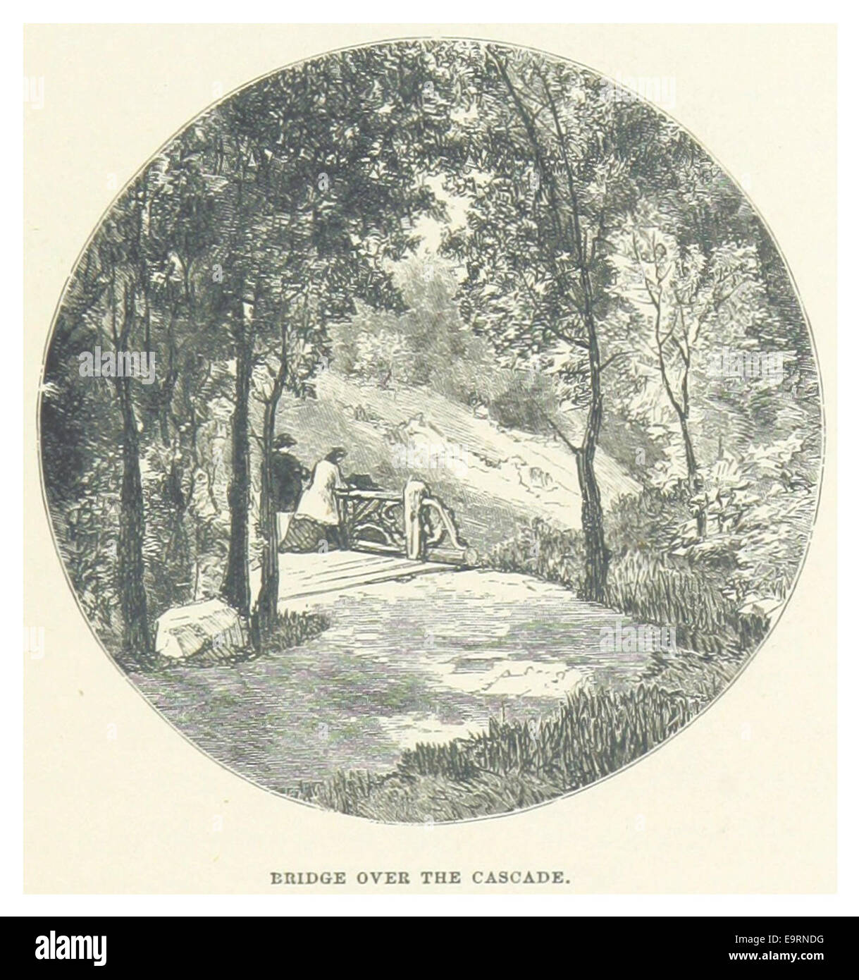 Diese Skizze aus dem Jahr 1869 aus dem NYC-CentralPark zeigt die Brücke über die Kaskade, ein wichtiges architektonisches und natürliches Merkmal im Central Park, und zeigt ihre Schönheit und ihr Design. Stockfoto