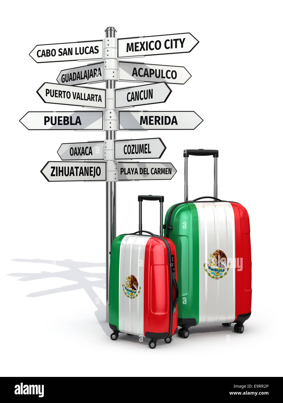 Reisekonzept. Koffer und Wegweiser was in Mexiko zu besuchen. 3D Stockfoto