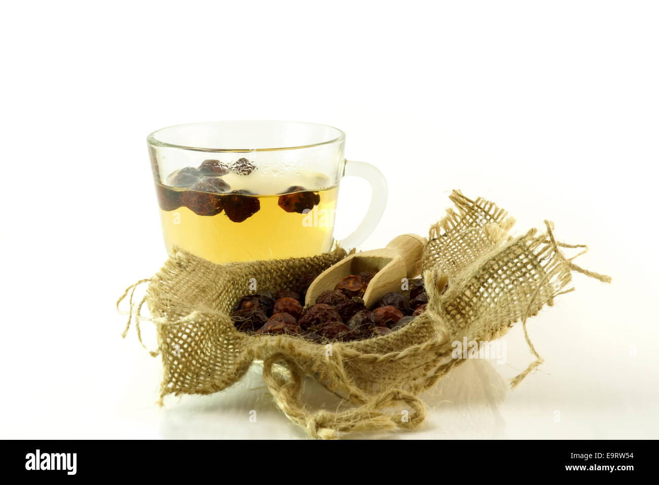 Pflanzliche Arzneimittel. Tasse Kräutertee mit Briar auf weißem Hintergrund Stockfoto