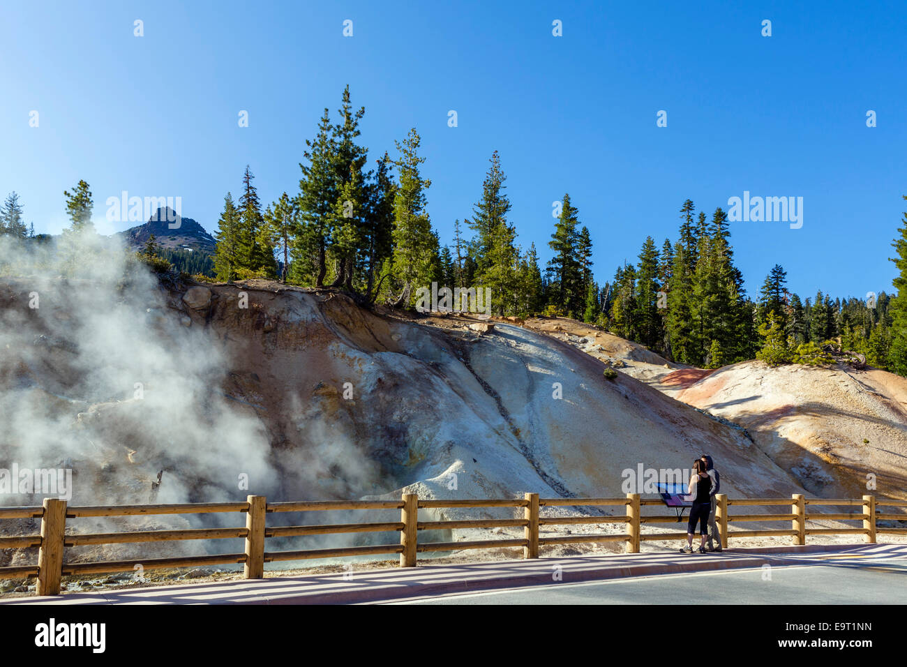 Heiße Quellen und Fumarolen im Schwefel funktioniert Geothermie Bereich, Lassen Volcanic National Park, Kalifornien, USA Stockfoto