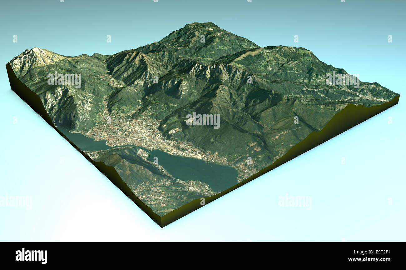 Blick auf den Lago di Lecco und der umliegenden Gegend Karte in 3d. Element dieses Bildes sind von der Nasa eingerichtet Stockfoto