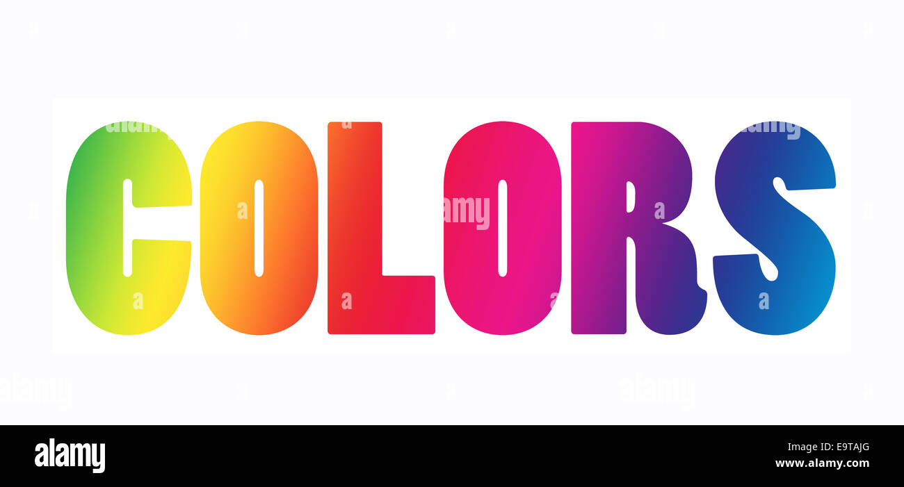 Farben - Text in diagonal Farbverlauf Regenbogenfarben; isoliert auf weiss Stockfoto