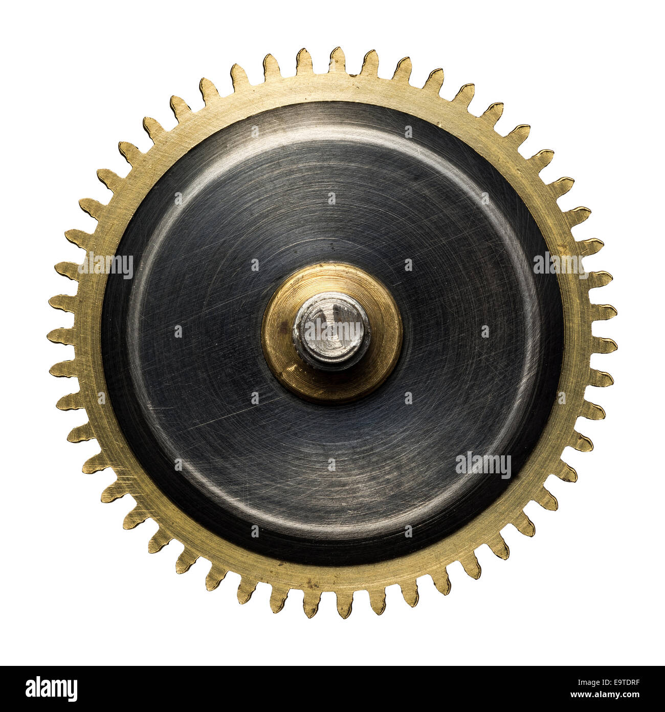 Ein Uhrwerk Getriebe, Metal Zahnrad. Isoliert auf weiss. Stockfoto