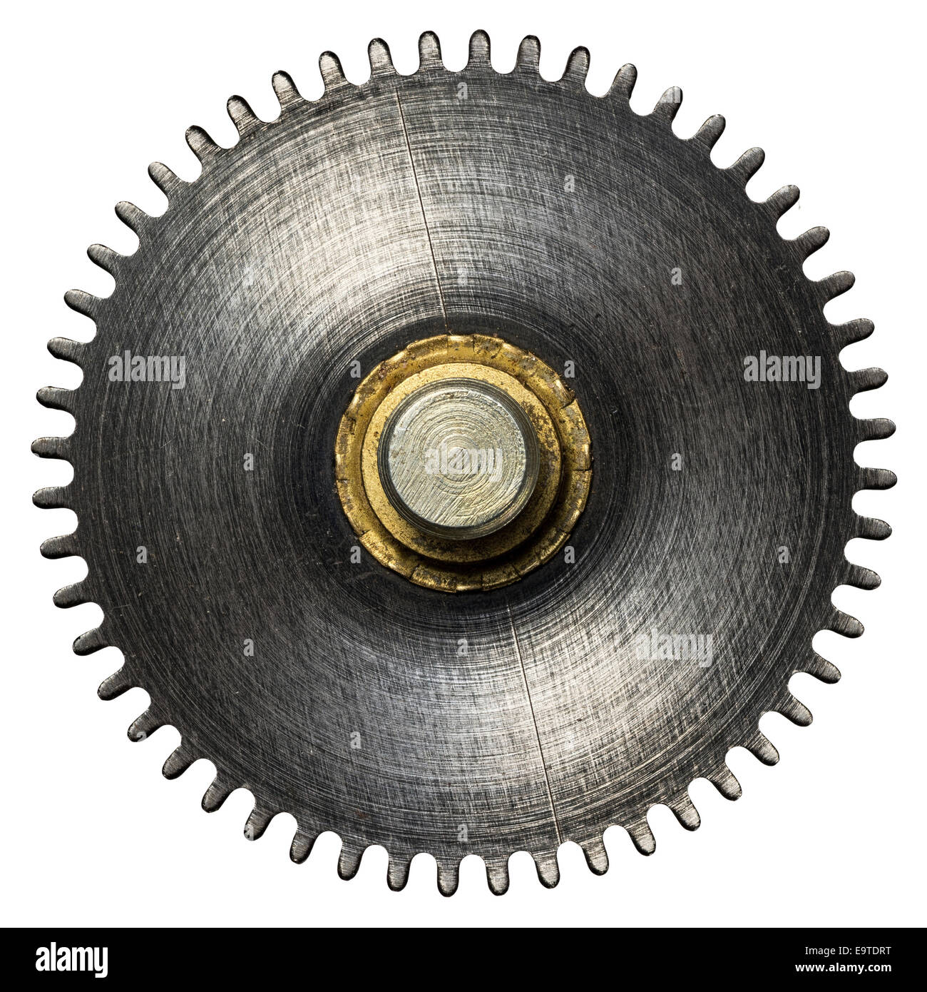 Ein Uhrwerk Getriebe, Metal Zahnrad. Isoliert auf weiss. Stockfoto