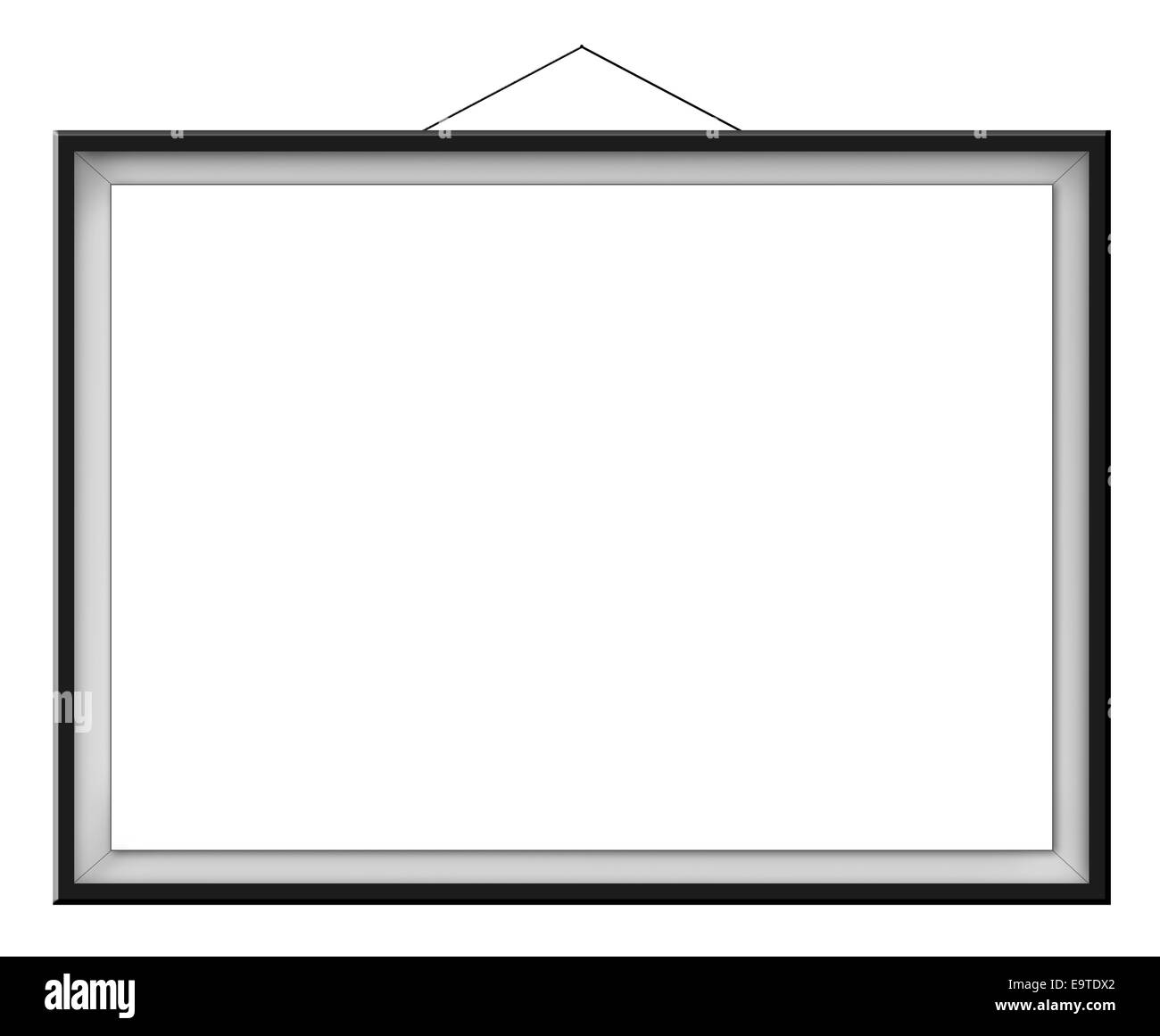 Leere horizontale Malerei in schwarzen Rahmen an die Wand hängen, auf Whte Hintergrund isoliert. Stockfoto