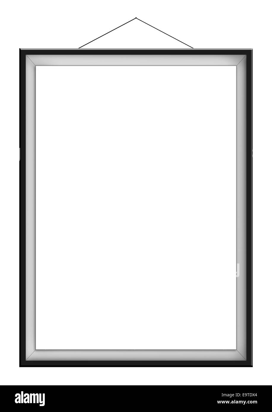 Leere vertikale Bild im schwarzen Rahmen an die Wand hängen, auf Whte Hintergrund isoliert. Stockfoto