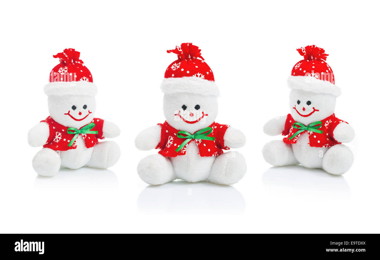 Lächelt glücklich generische Weihnachten Schneemann Spielzeug im Rahmen der Neujahrsfeier isoliert auf weißem Hintergrund. Stockfoto