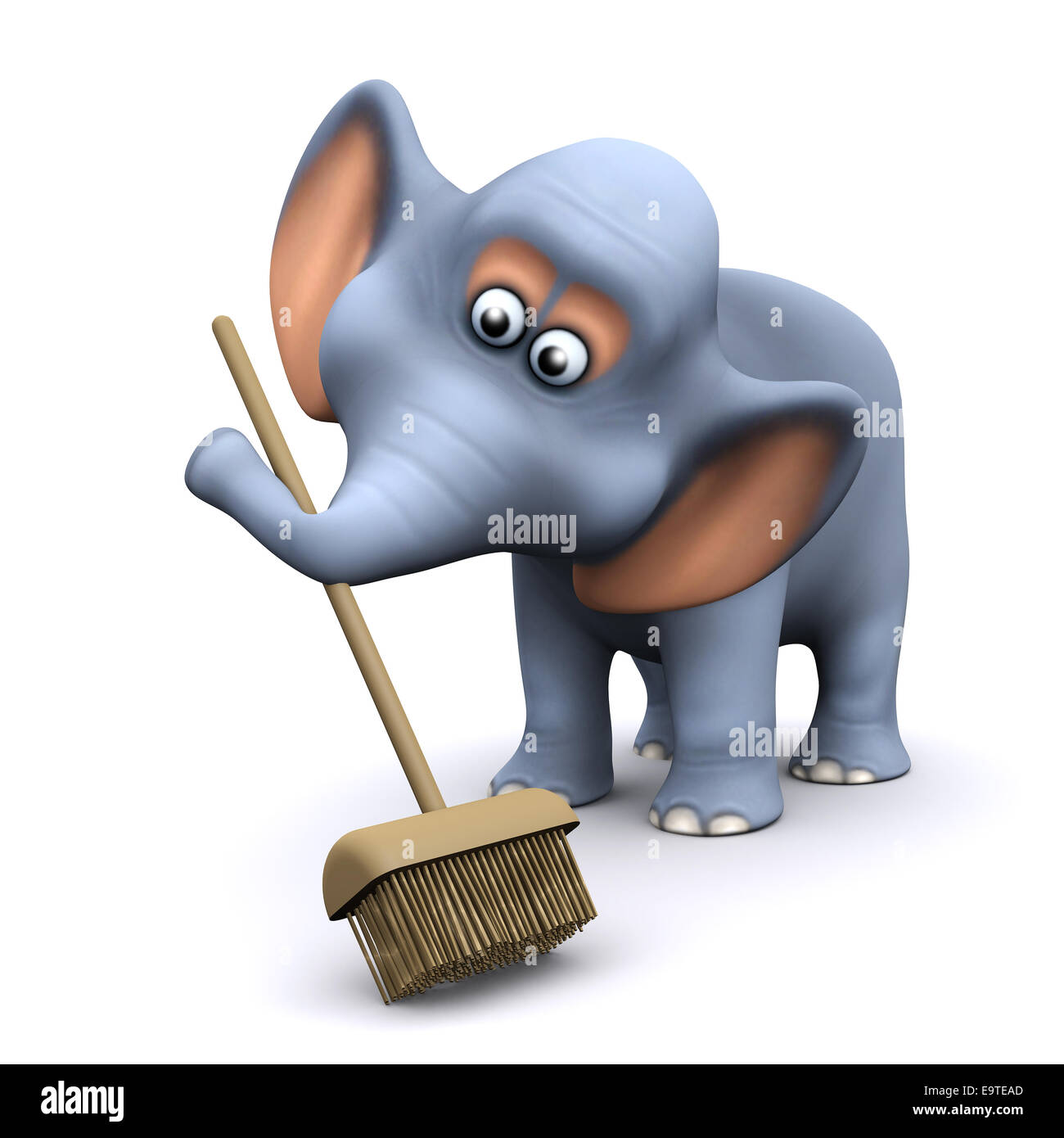 3D Rendering eines Elefanten halten einen Besen in seinem Stamm Stockfoto