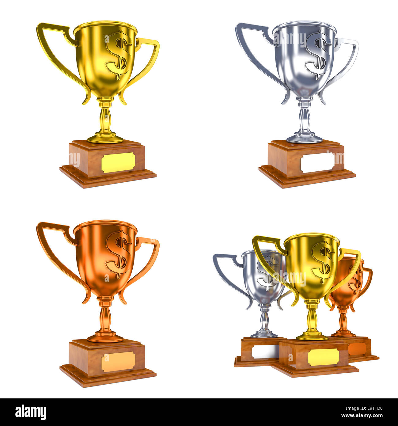 Satz von 3D Pokale mit Dollarzeichen. Wettbewerb-Konzept. Stockfoto