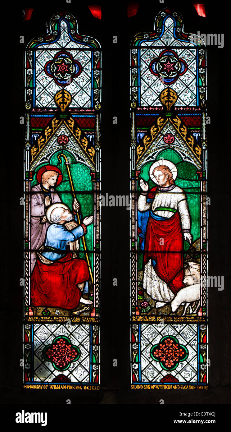 Christi kostenlos zu Glasmalerei St. Peter, St. Johannes Baptist Church, Fladbury, Worcestershire, England, UK Stockfoto