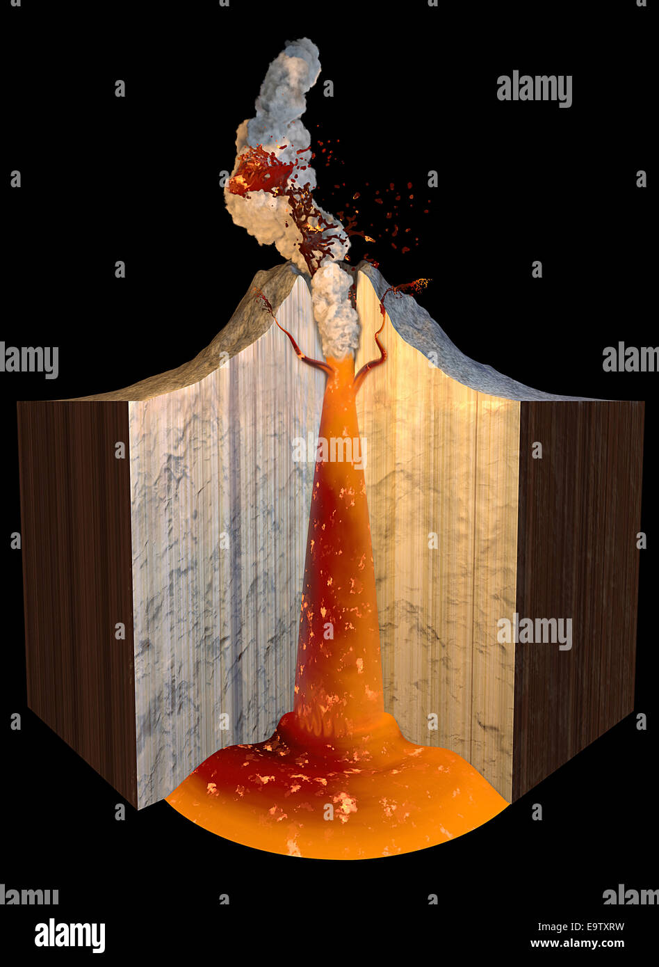 Vulkan Abschnitt ausbrechender Lava auf schwarzem Hintergrund Stockfoto
