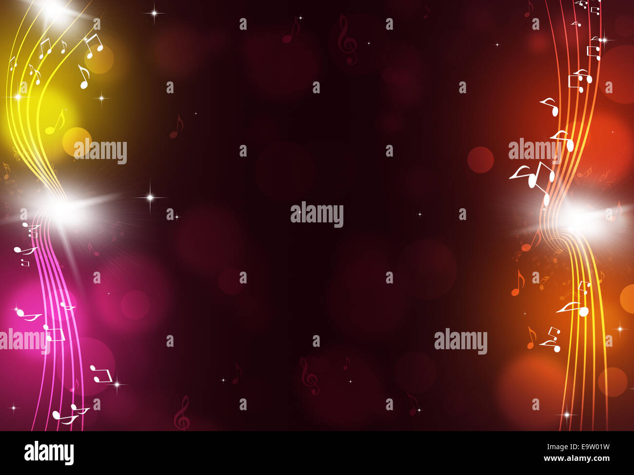 Musiknoten und verschwommenen Lichtern auf hellen mehrfarbigen Hintergrund Stockfoto