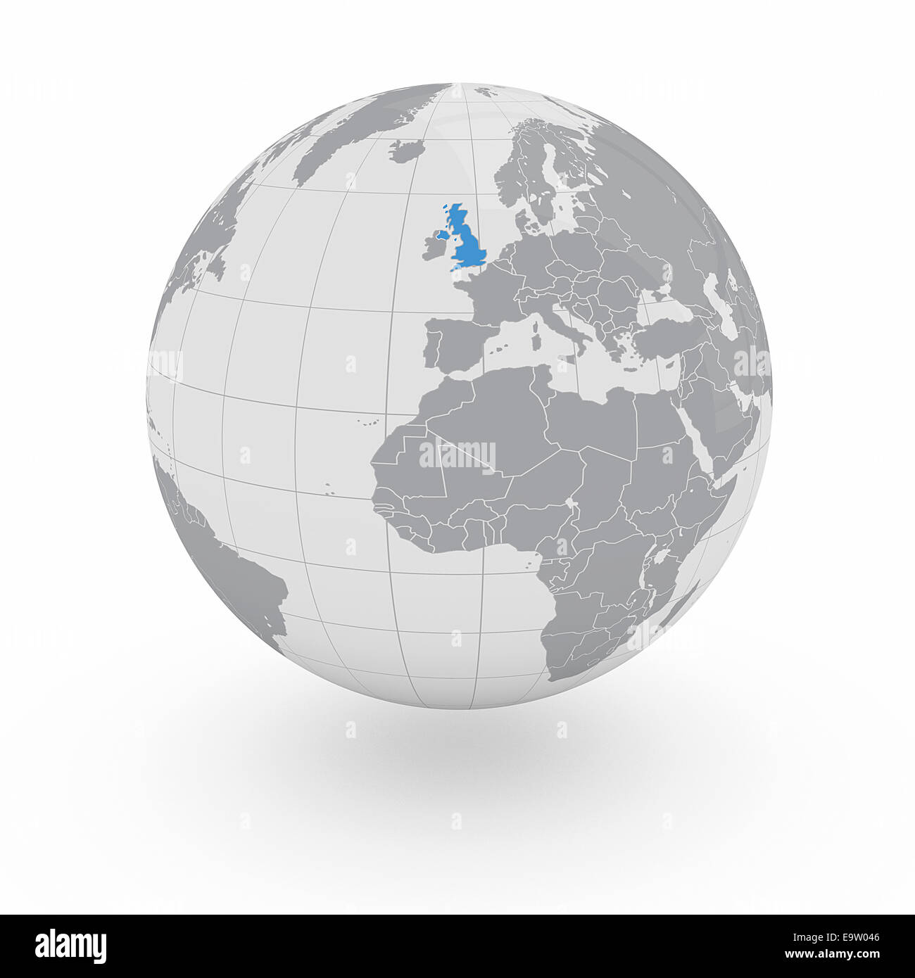 United Kingdom of Great Britain auf Globus isoliert auf weißem Hintergrund Stockfoto