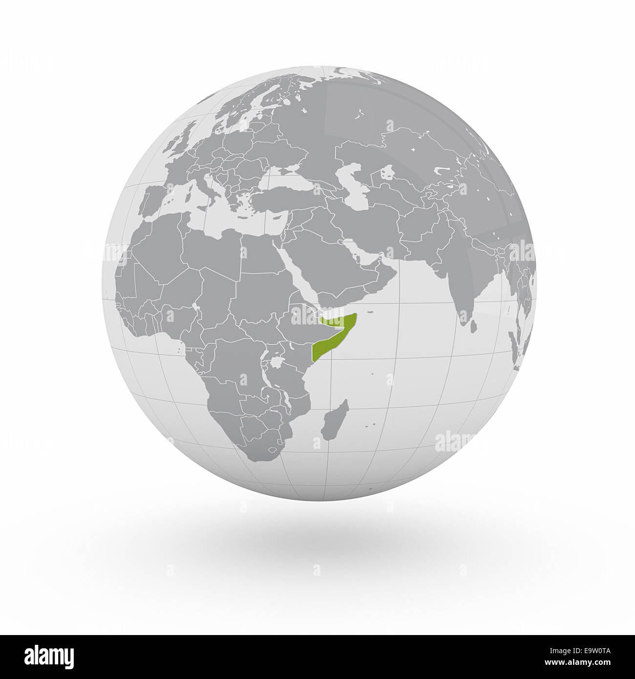 Somalia auf Globus isoliert auf weißem Hintergrund Stockfoto
