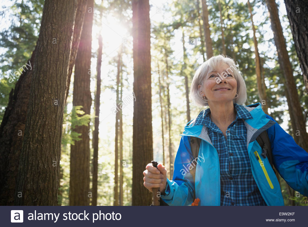 Lächelnde senior Frau unter Bäumen im Wald wandern Stockfoto