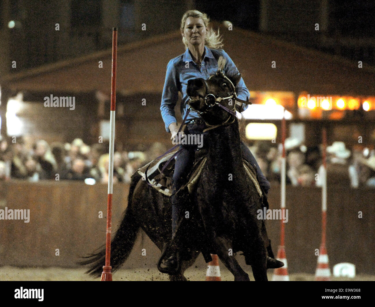 Twist, Deutschland. 1. November 2014. Die professionelle Western Reiter Sonja Gerdes aus Oberlangen beteiligt sich mit ihrem schwarzen Pferd Freude an der deutschen Speed Rodeo Weltmeisterschaften 2014 in Twist, Deutschland, 1. November 2014. Der Wettbewerb der begrenzten Rodeo Reiter (LRR) ist eine Fertigkeit-Prüfung im Westernstil. Foto: INGO WAGNER/Dpa/Alamy Live News Stockfoto