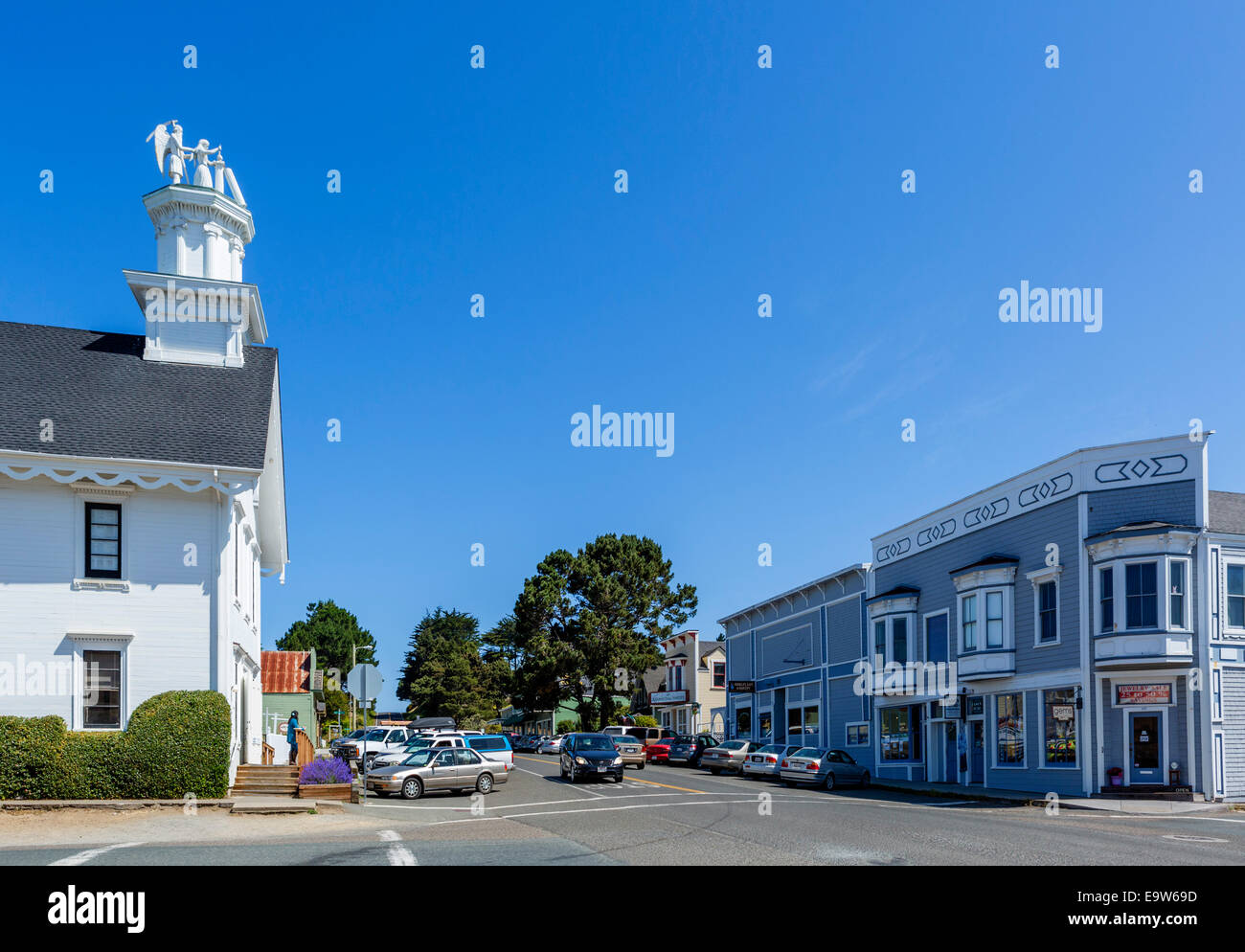 Lansing Street in der Innenstadt von Mendocino, Mendocino County, Kalifornien, USA Stockfoto